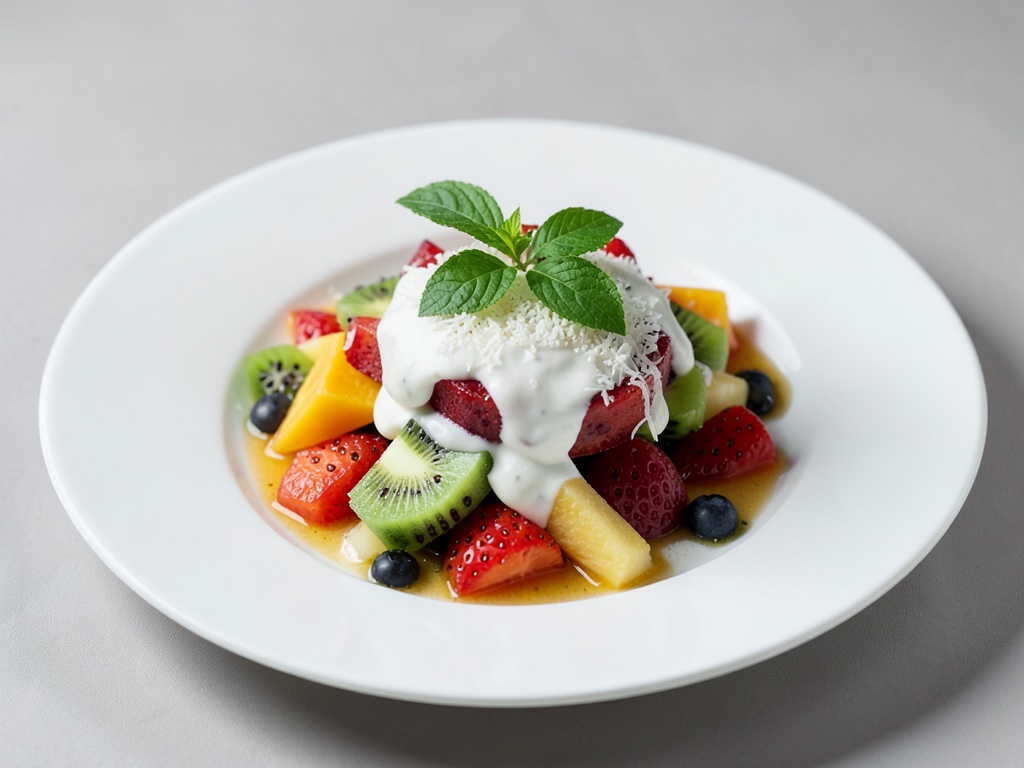 Insalata di frutta tropicale fruttata con crema di cocco