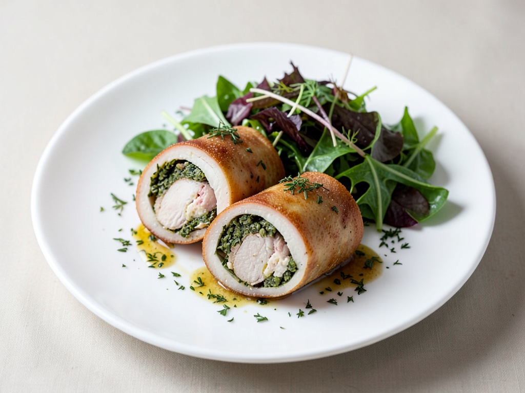 Roulades de dinde à la farce aux herbes et salade de herbes sauvages