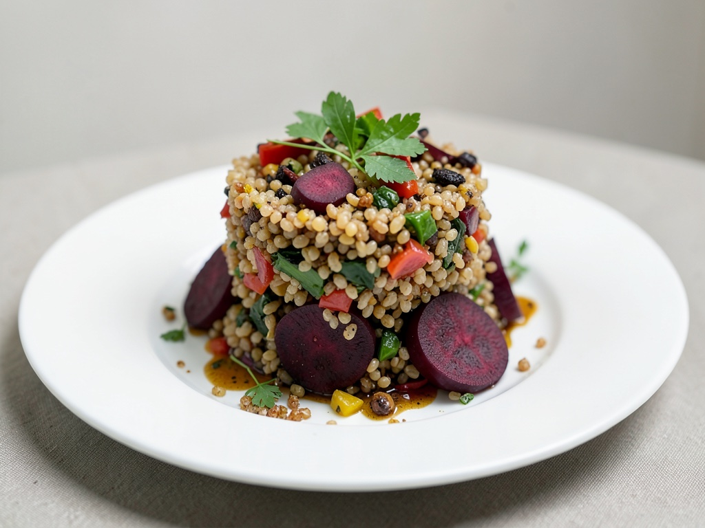 Torri di insalata di bulgur e peperoni con barbabietola rossa