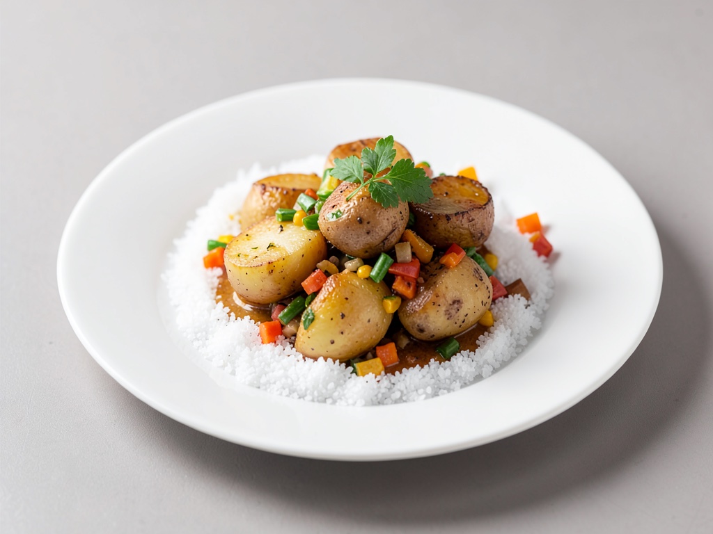 Pommes de terre au four sur croûte de sel avec garniture de légumes
