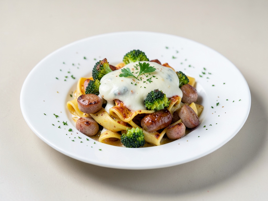 Auflauf mit Nudeln, Brokkoli, Käse und Würstchen