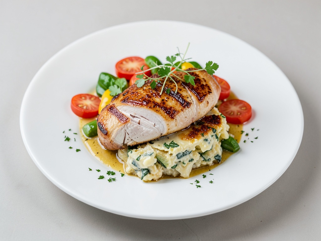 Petto di pollo con verdure e gratin al formaggio erborinato