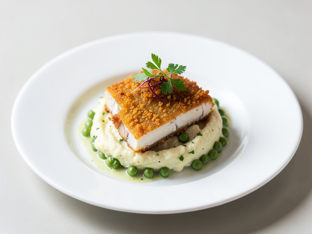 Skrei croccante con crema di patate e piselli