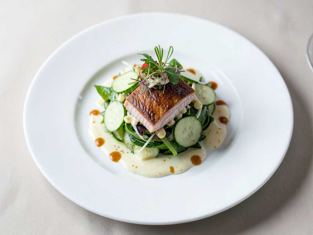 Insalata rinfrescante di cetrioli e vaniglia con filetto di zander