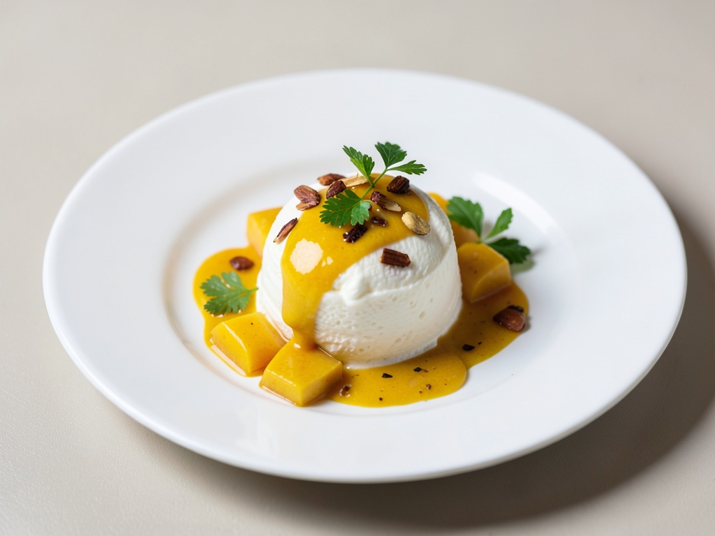 Vanille-Mandel-Creme mit frischer Mangosauce