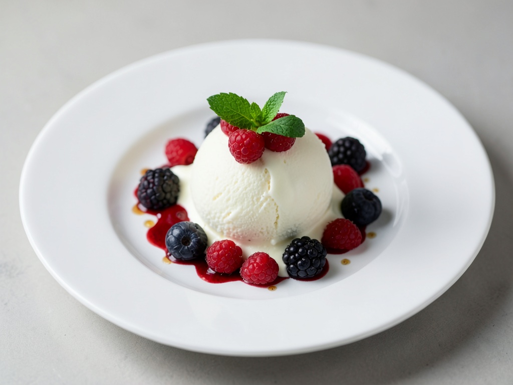 Hielo de vainilla celestial con bayas frescas