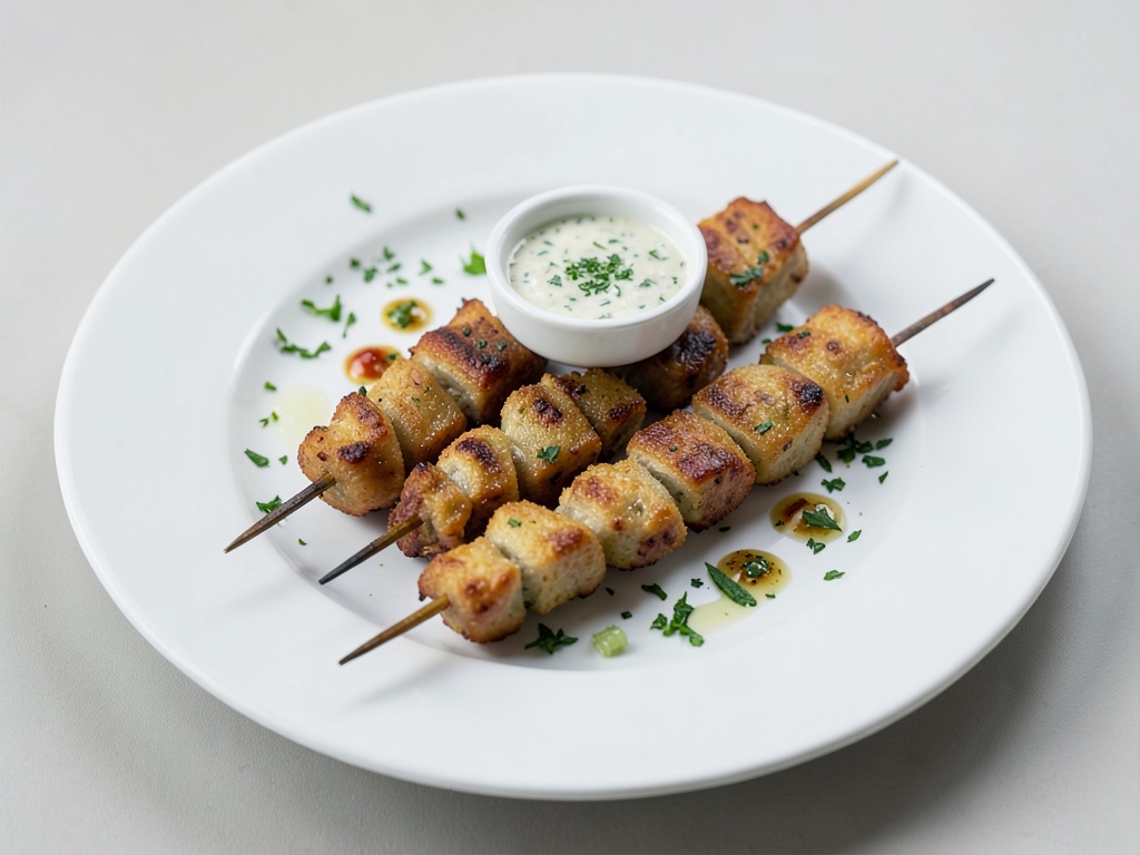 Brochetas crujientes de verduras con salsa de hierbas