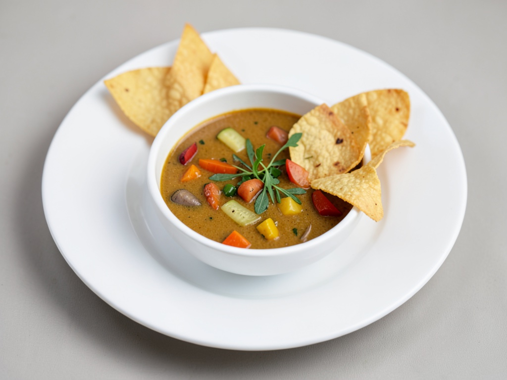 Sopa vegana de curry de coco con chips de verduras