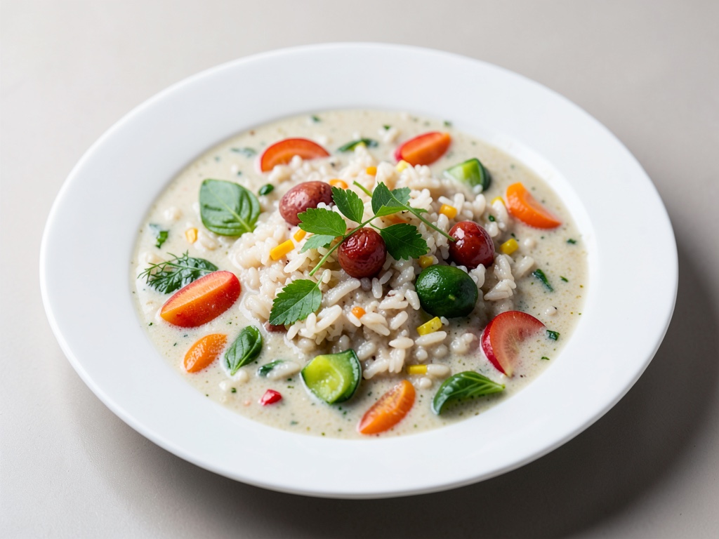 Zuppa di riso vegana cremosa con verdure colorate