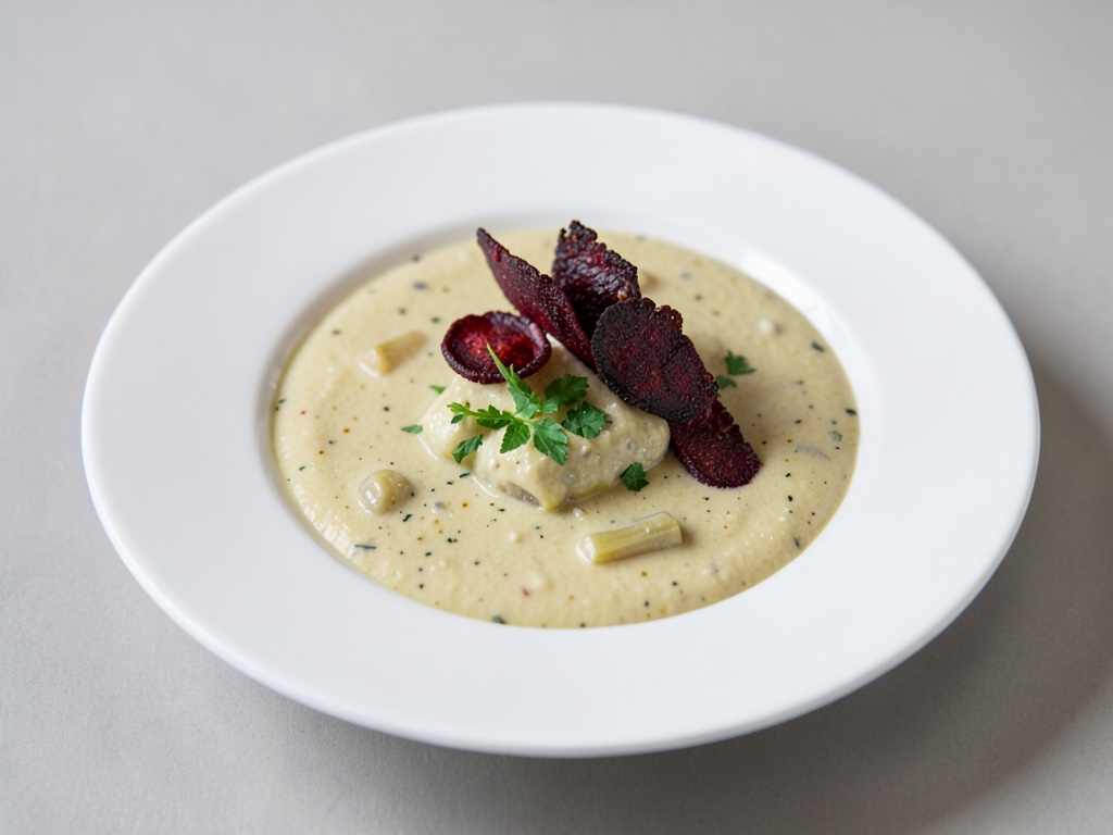 Zuppa cremosa vegana di topinambur con barbabietola rossa croccante