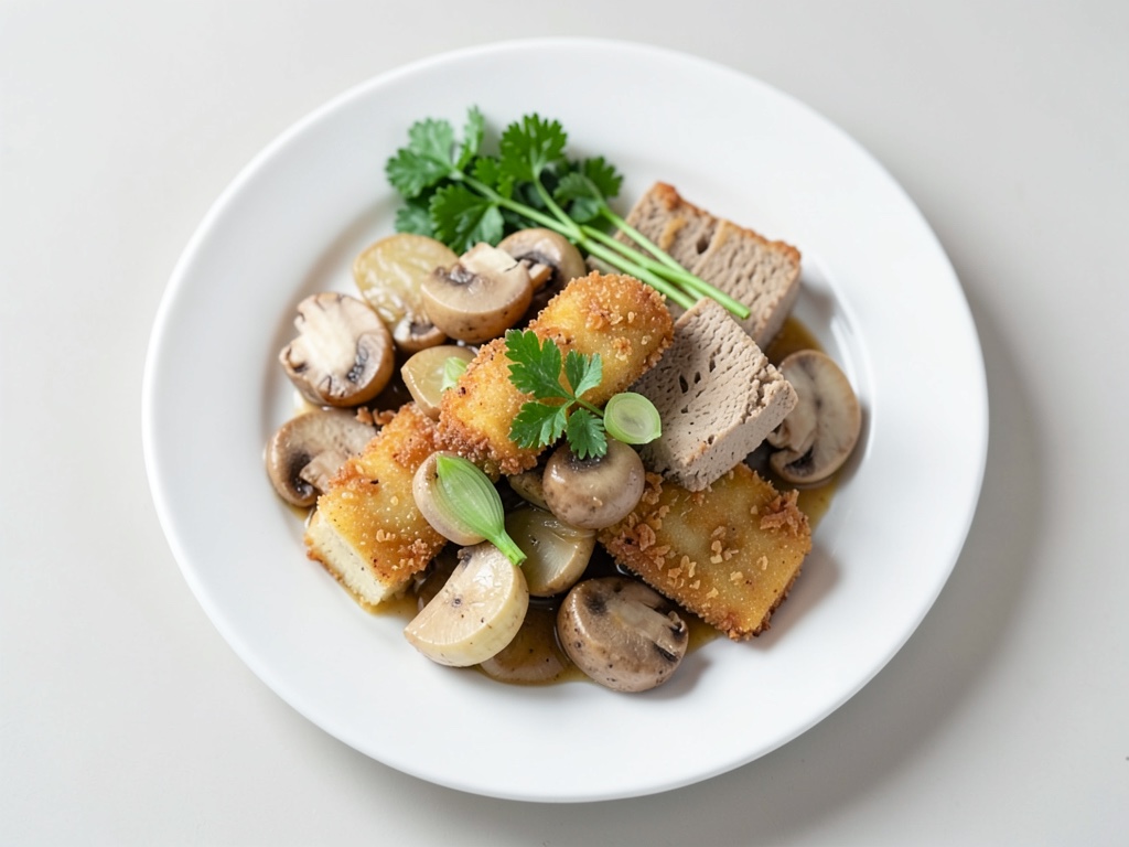 Schnitzel di tofu croccante con crema di funghi e cipolle