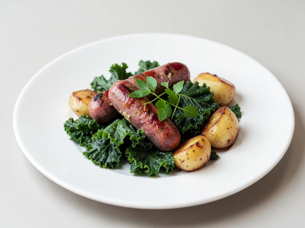 Cavolo nero con salsicce vegetarie fatte in casa e patate caramellate