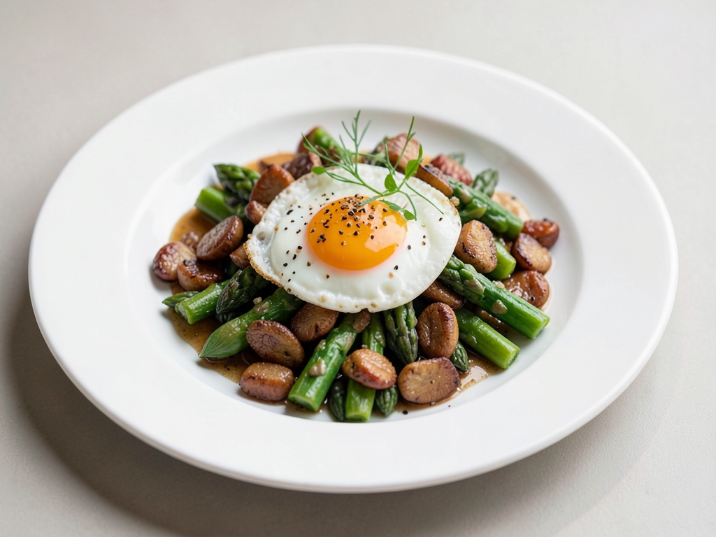Uovo alla coque su insalata di asparagi verdi e morelle