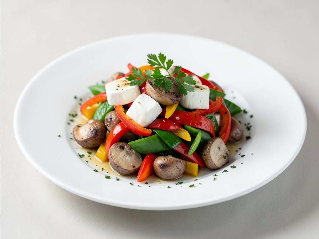 Insalata antipasto colorata con peperoni, funghi e mozzarella