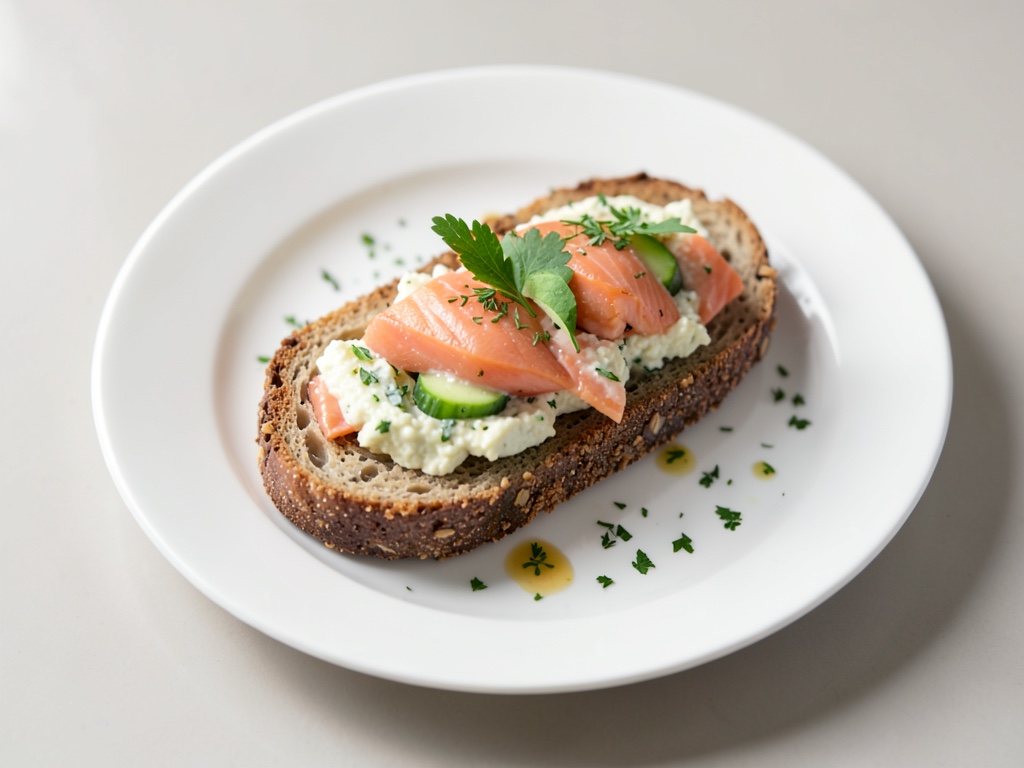 Crujiente baguette de grano entero con salmón y queso quark con pepino