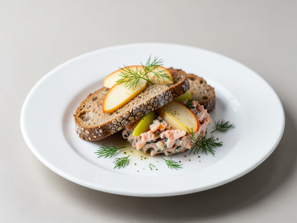 Pane integrale croccante con tartare fresca di mela e salmone e aneto
