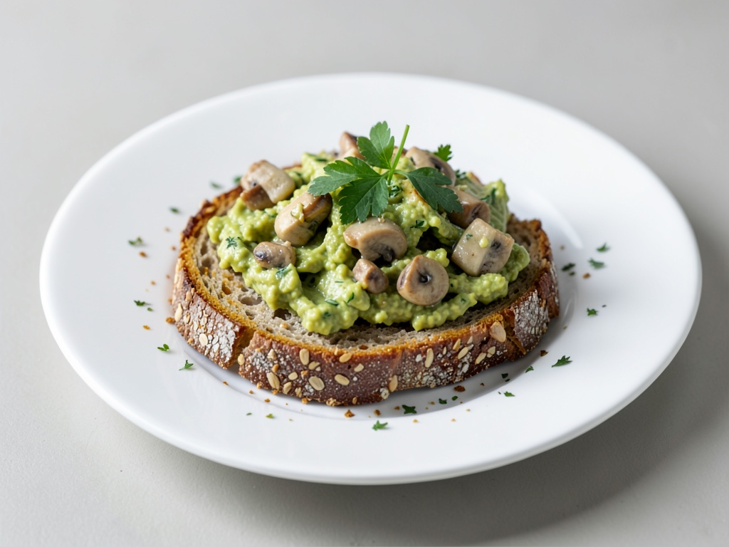 Pan integral crujiente con mezcla cremosa de aguacate y champiñones