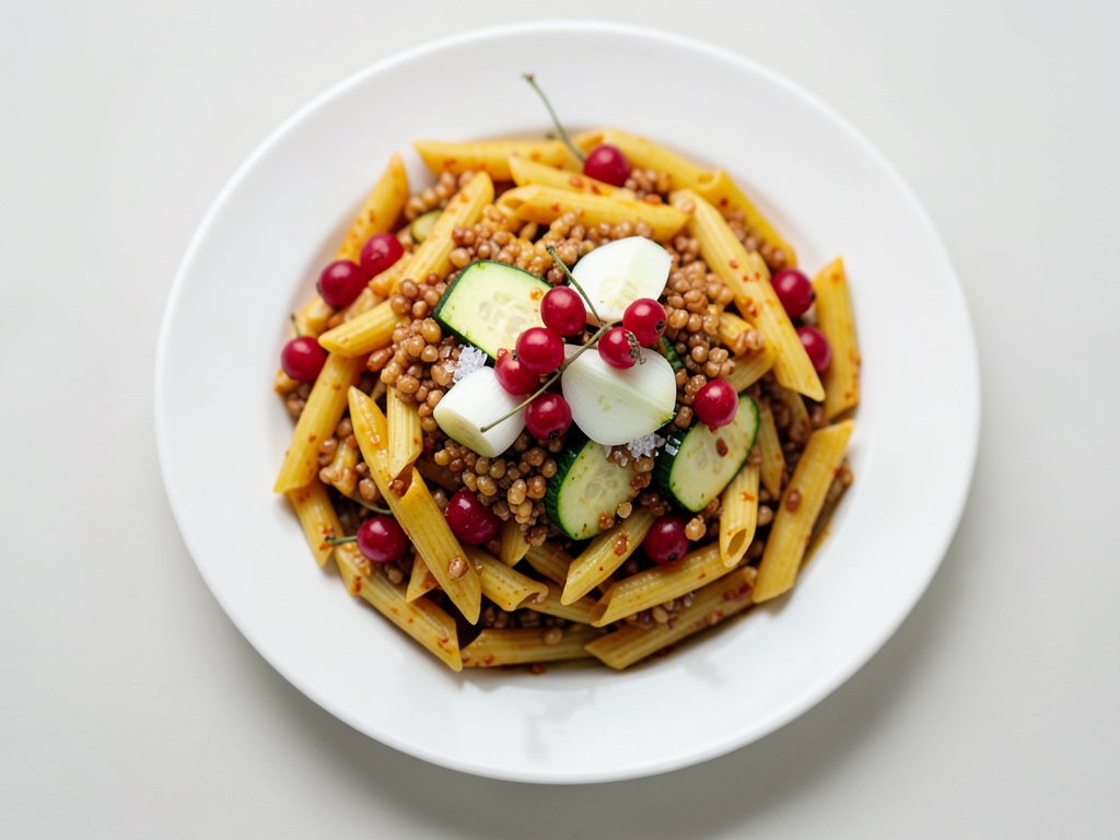 Penne integrali al curry, zucchine e bacche di olivello