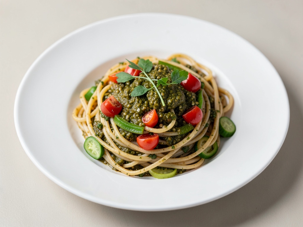 Spaghetti integrali con verdure fresche e pesto