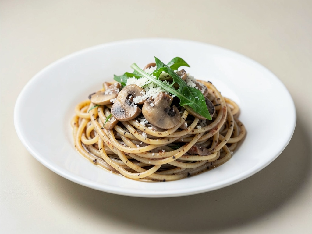 Spaghetti integrali con funghi, rucola e parmigiano