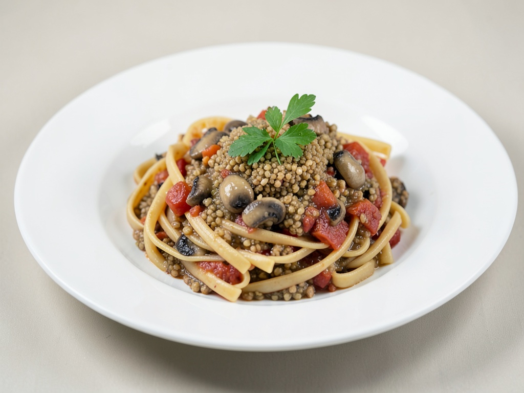 Pasta integrale con crema di funghi champignon e pomodorini