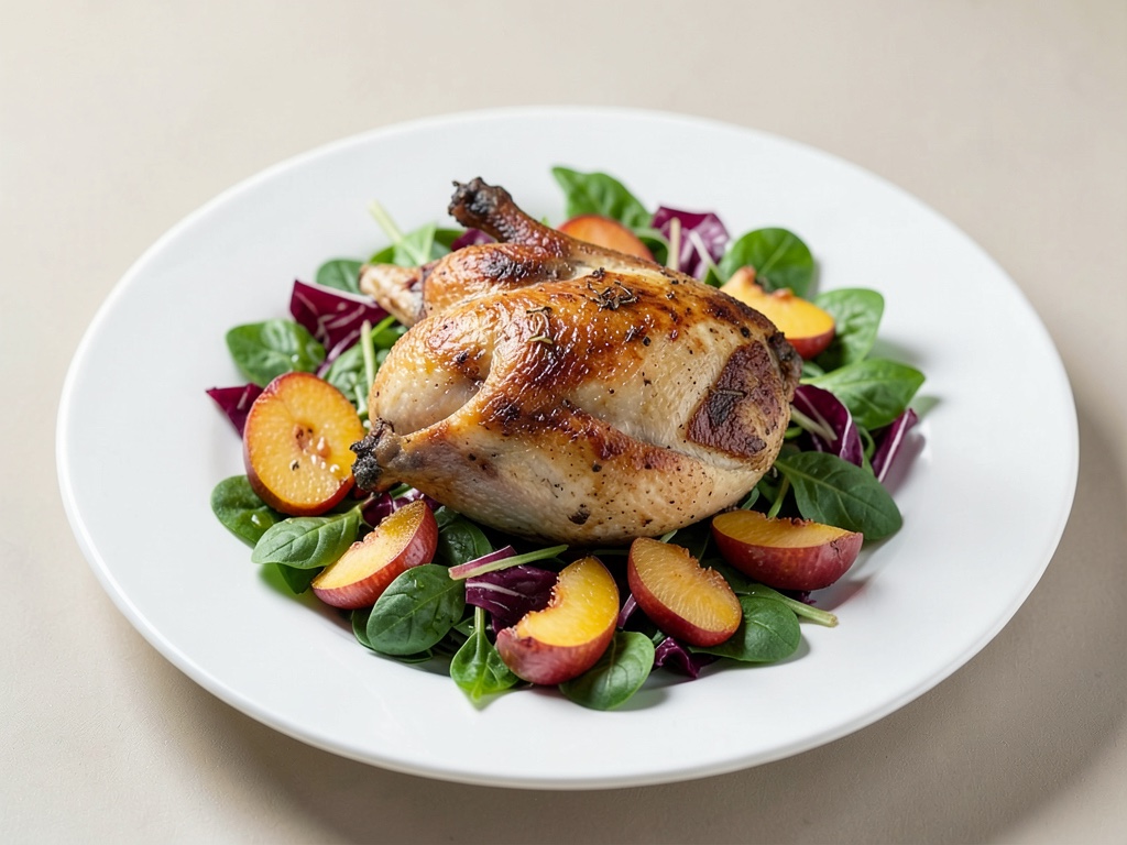 Caille rôtie aux pêches sur salade fraîche d'épinards et radicchio