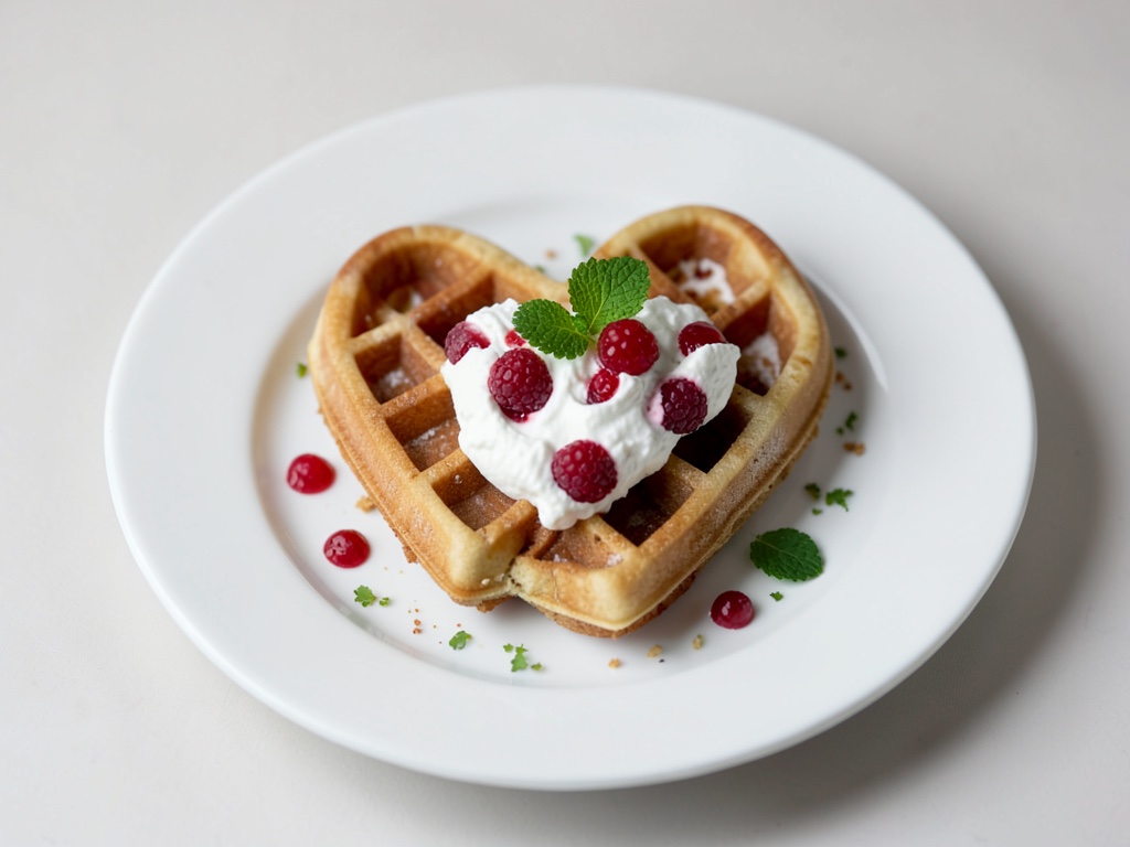 Waffle a forma di cuore con crema di ricotta e lamponi