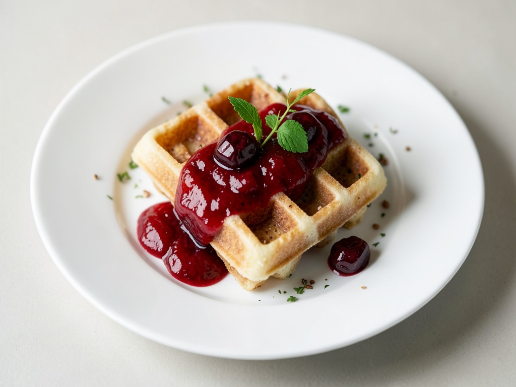 Waffles esponjosos con salsa de cereza caliente