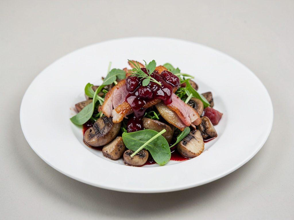 Insalata autunnale di funghi selvatici con prosciutto croccante e vinaigrette ai mirtilli rossi