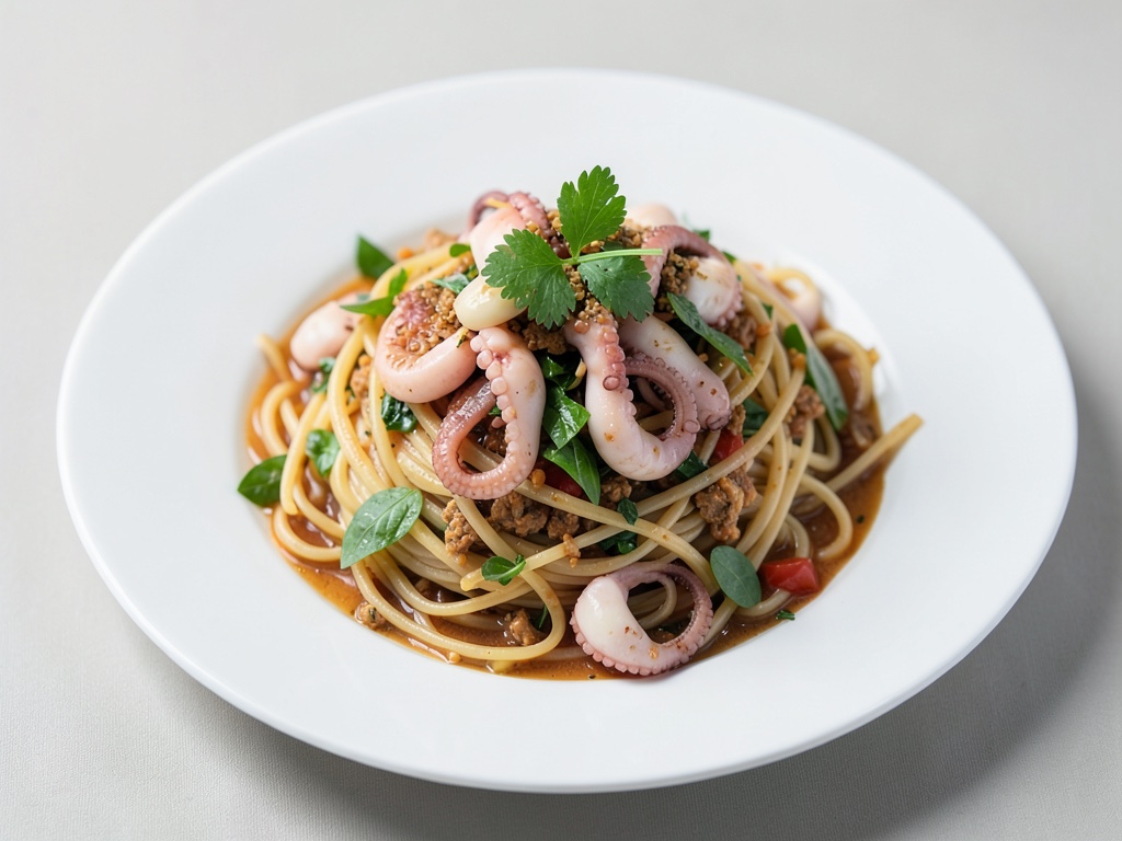 Insalata tieida di noodles thailandesi con calamaro