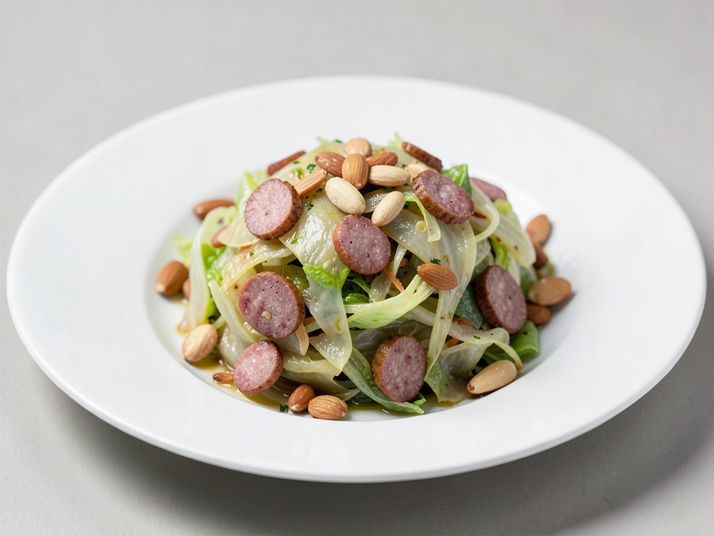 Insalata calda di verza con mandorle e salsiccia