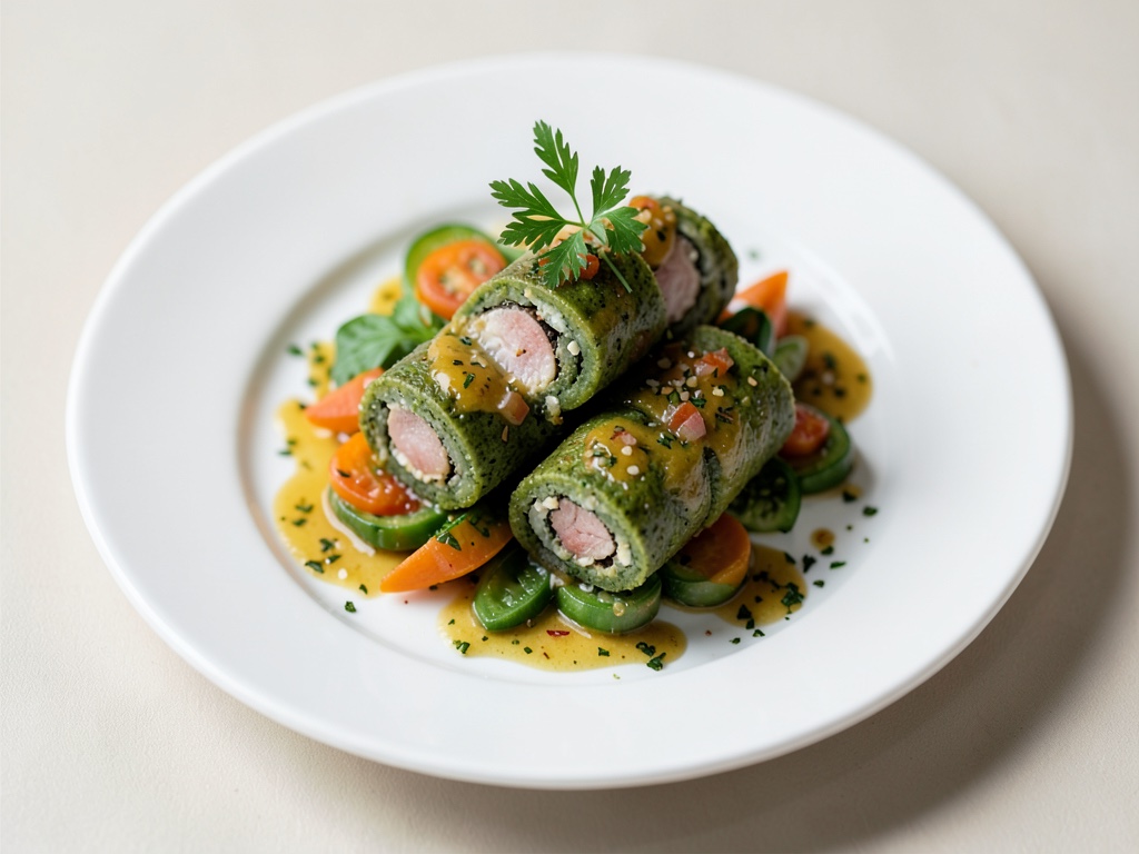 Rotoli di pesce al wasabi su verdure stufate