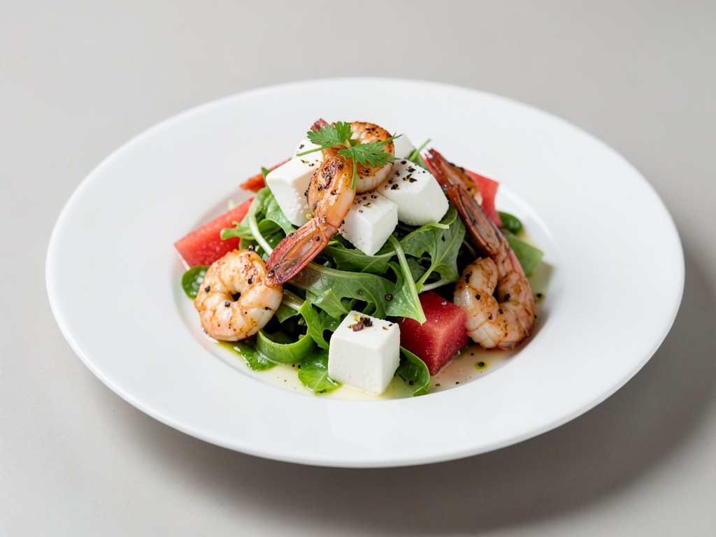 Insalata fresca di anguria con mozzarella e gamberi fritti