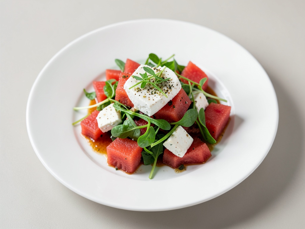 Insalata rinfrescante di anguria con formaggio di pecora e crescione