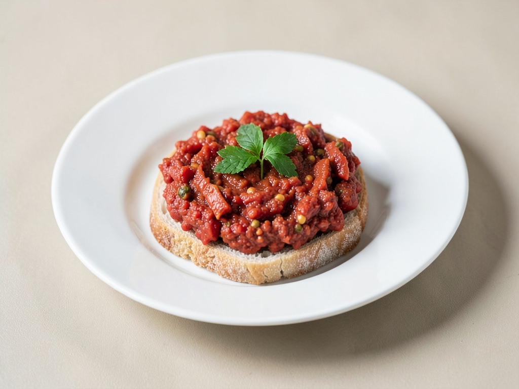 Dip de tomate y pimiento búlgaro sobre pan blanco