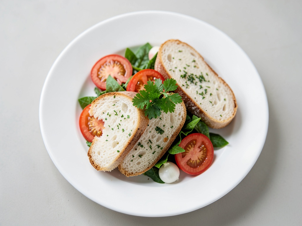 Salade de tomates et pain blanc croustillant