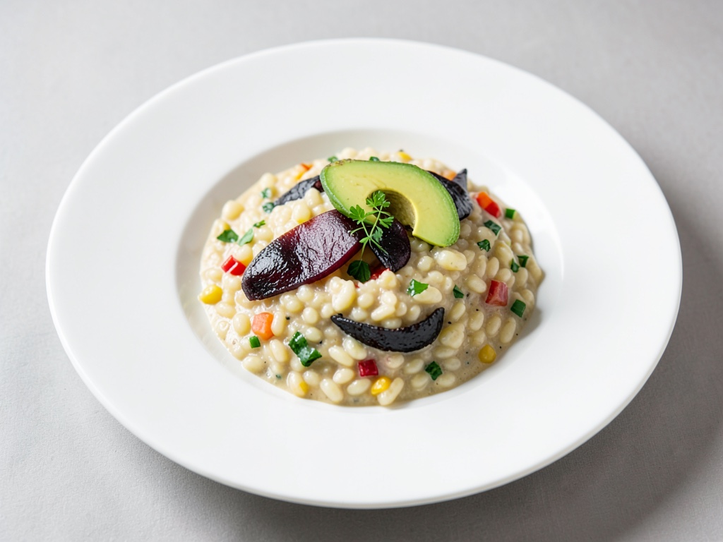 Arroz cremoso con raíces de espárragos y aguacate