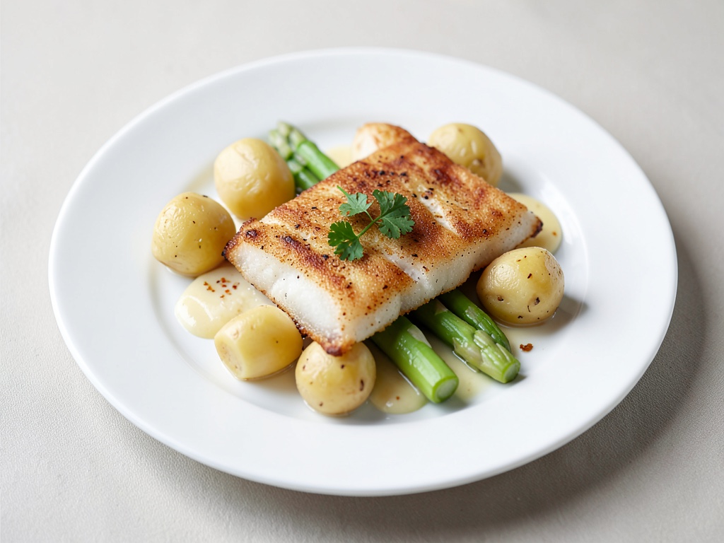Gebratene Scholle mit weißem Spargel und Pellkartoffeln