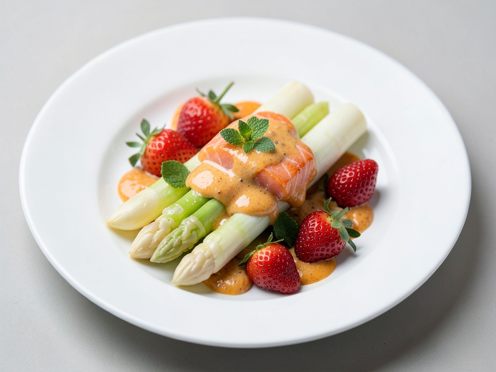Asperges blanches tendres au saumon, fraises fraîches et vinaigrette crémeuse à l'orange