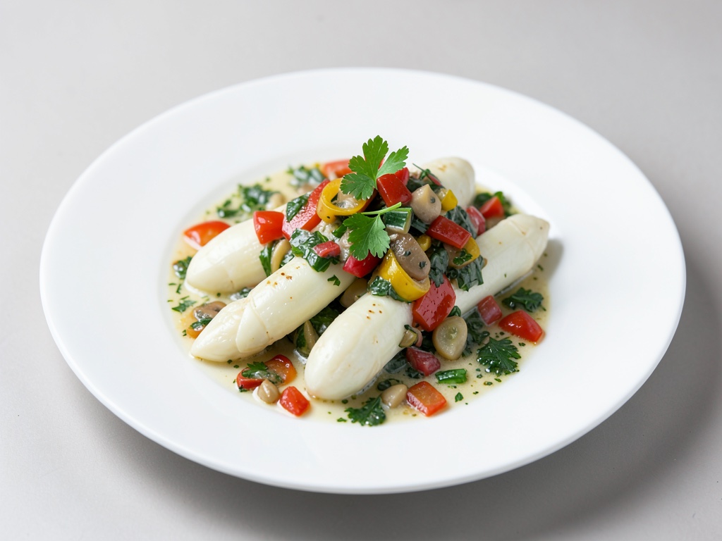 Tenero asparago bianco con condimento di verdure fresche