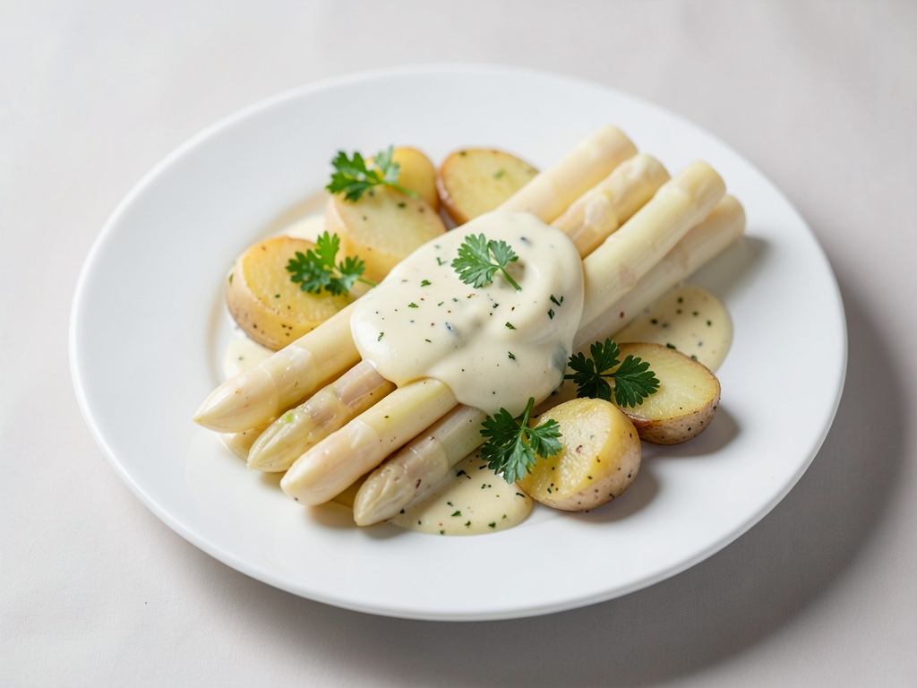 Klassischer weißer Spargel mit Butter-Eigelb-Sauce und Petersilienkartoffeln