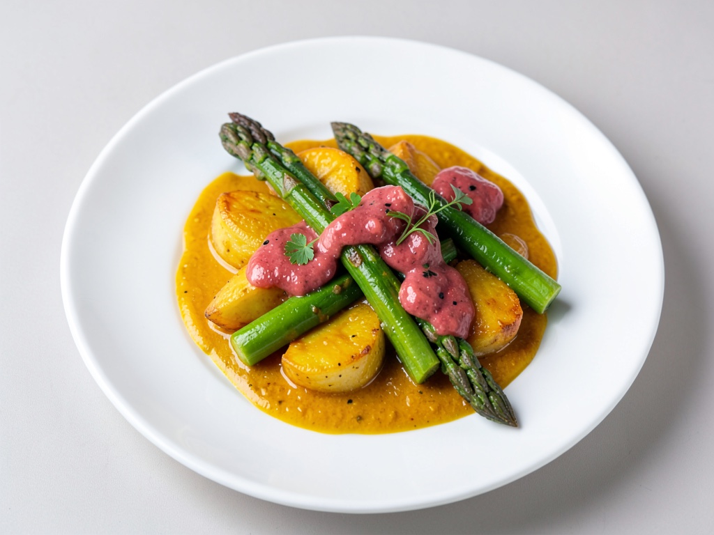 Golden Curry Potatoes with Fresh Asparagus and Passion Fruit Sauce