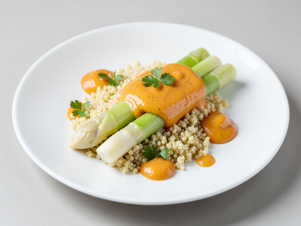 Tender white asparagus with fluffy couscous and sweet-sour orange cream