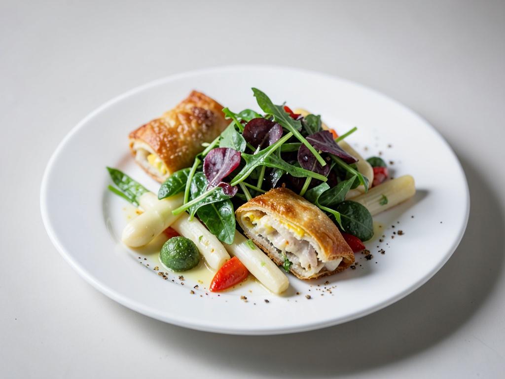 Insalata di asparagi bianchi e rucola con torte di uova fatte in casa