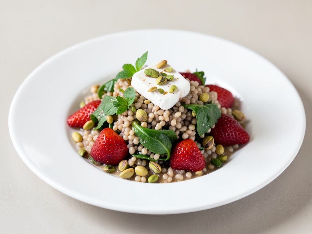 Insalata di grano saraceno con halloumi, fragole e pistacchi