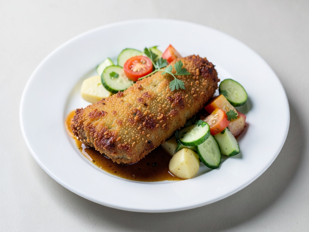 Schnitzel viennese croccante con insalata fresca di patate e cetrioli