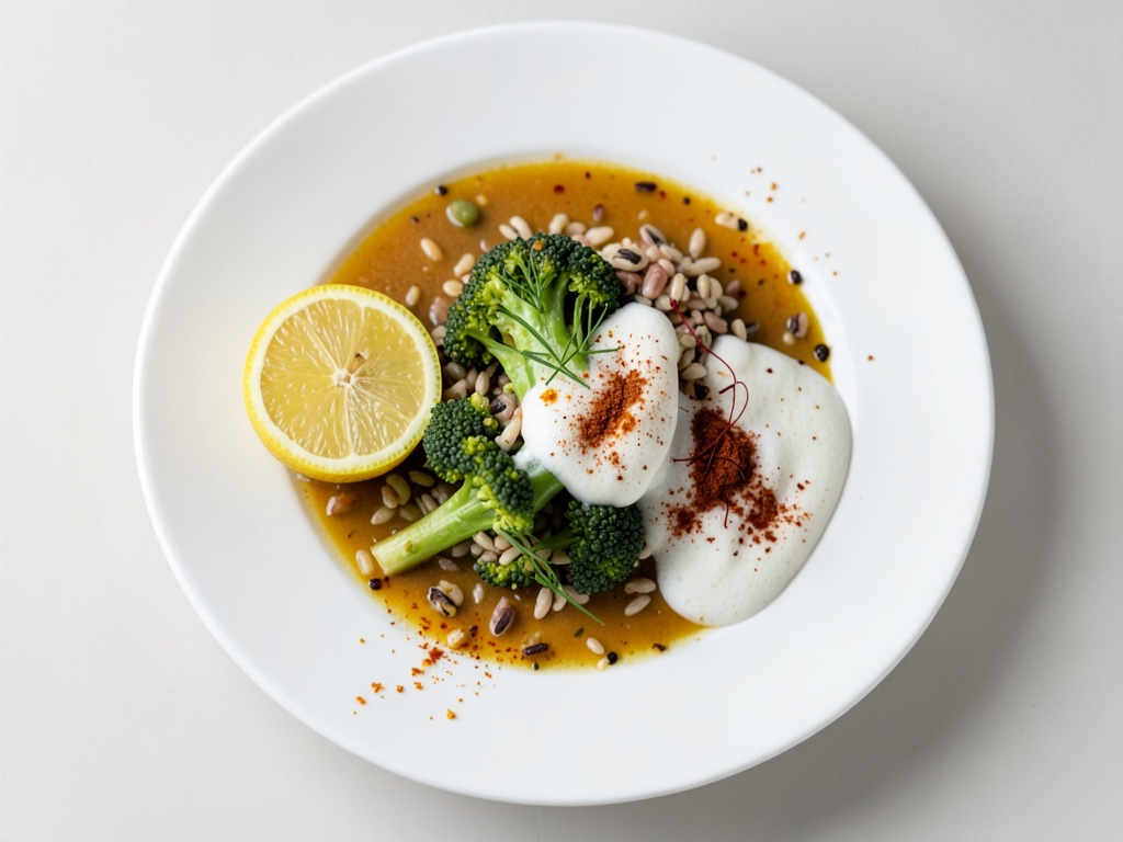 Broccolo selvatico con schiuma di zafferano e limone e riso profumato Kamalis