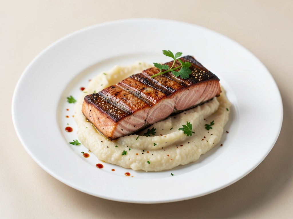 Saumon sauvage grillé au bois sur purée de pommes de terre crémeuse