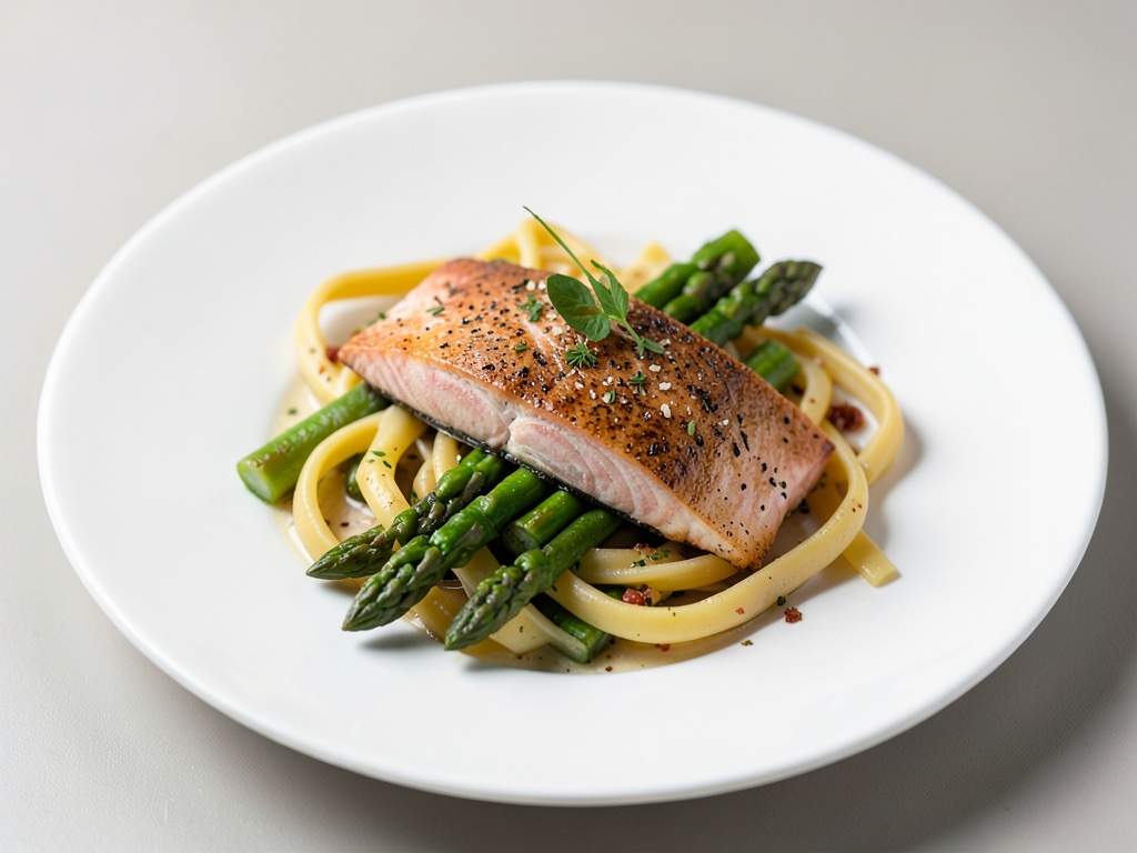 Wildlachs auf Spargel mit Nudeln