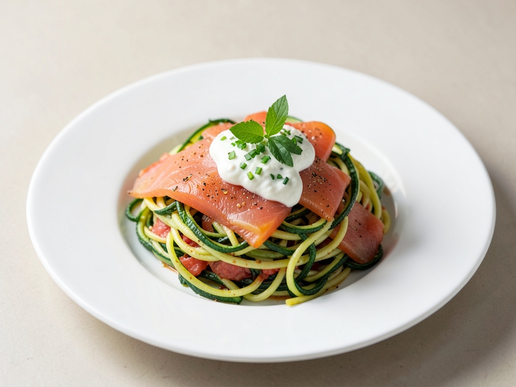 Zoodles colorati con salmone affumicato e crema di aglio orsino